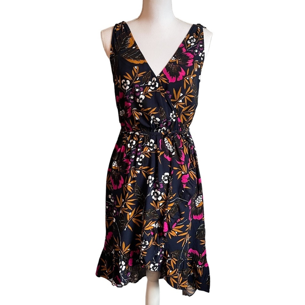 A New Day Navy Blue Floral High Low V Neck Faux Wrap Waist Tie Midi Dress XS